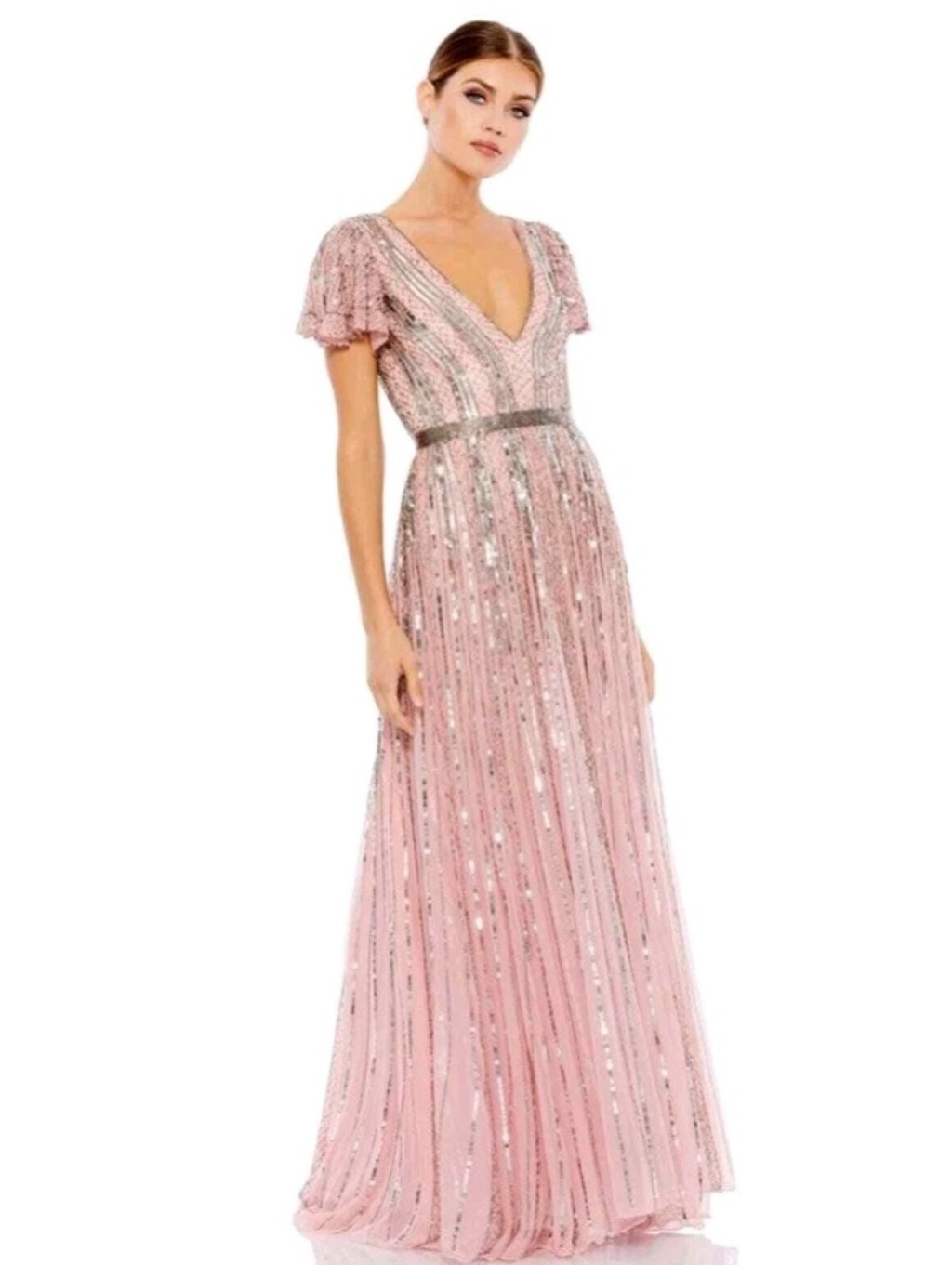Mac Duggal Blush Pink Sequin V-Neck Maxi Dress Nwot